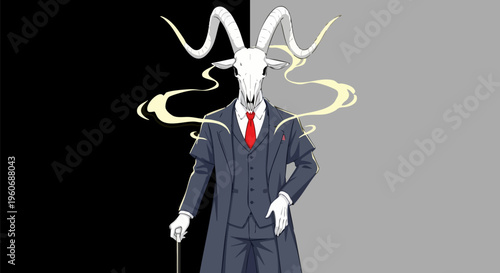 Surreal goat skull gentleman in vintage suit, occult anthropomorphic ram character with horns, dark fantasy vector illustration for posters