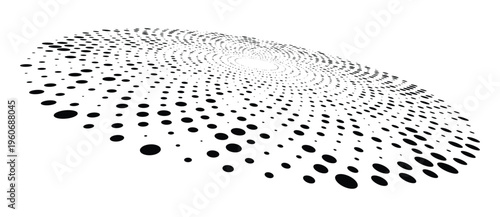 Elliptical halftone surface built from spiral rows of circular dots with gradual size variation fading to tiny points at center, viewed in perspective. Monochrome vector illustration on white backgrou