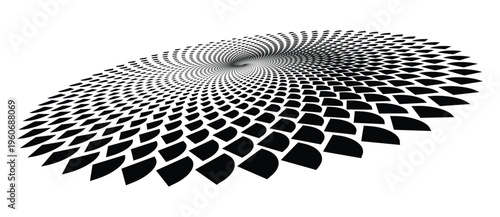Abstract monochrome spiral pattern with geometric shapes in perspective. Vector vortex background with halftone effect and rotation motion.