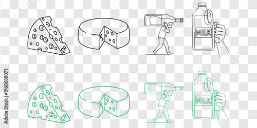 Cheese Dairy Products Food Illustration Set Vector Line Art Icon Collection