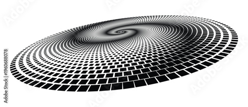 Abstract spiral vortex of black square shapes in perspective. Vector halftone geometric background with rotating motion effect.