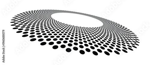 Torus ring shape built from concentric rows of circular dots gradually decreasing in size toward inner edge, viewed in perspective. Monochrome halftone vector illustration isolated on white background