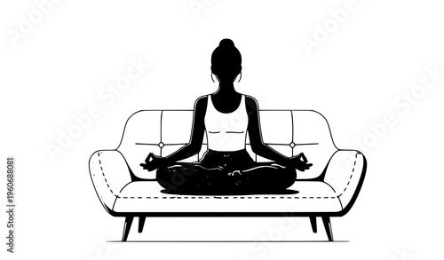 Young woman meditating on couch mindfulness yoga breathing vector illustration