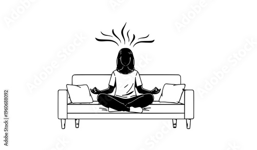 Peaceful woman yoga meditation at home couch mindfulness vector illustration