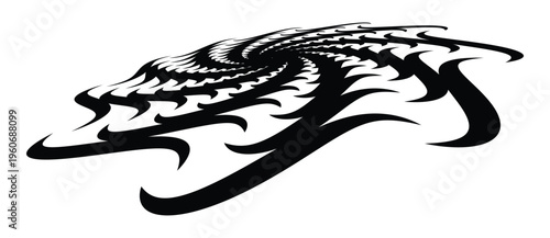 Abstract monochrome tribal spiral vortex with sharp jagged shapes. Vector graphic background with aggressive motion effect and perspective distortion.