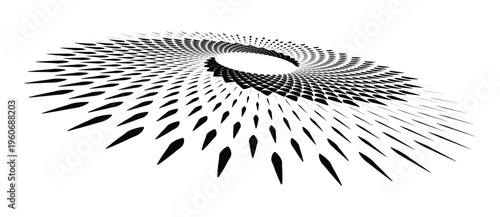 Abstract monochrome spiral vortex with geometric sector shapes in perspective. Vector halftone background with radial motion for logo and icon design.