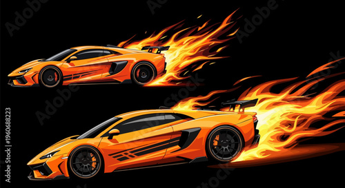 Orange supercar with fire flames vector, fast racing sports car on black background, high speed automotive performance illustration
