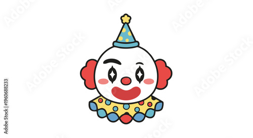 Cheerful cartoon clown head illustration featuring a playful smile, dotted collar, and festive party hat, ideal for fun-themed designs and child entertainment