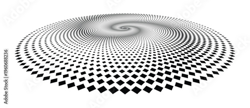 Abstract monochrome spiral vortex with rhomboid shapes in perspective. Vector halftone geometric background for logo and icon design.