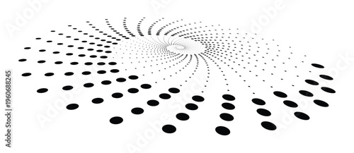 Abstract monochrome spiral vortex of halftone dots in perspective. Vector geometric background with radial expansion for logo and icon design.