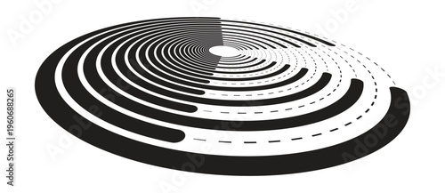 Abstract monochrome spiral of dashed and solid concentric lines in perspective. Vector geometric background for technology logo and icon design.
