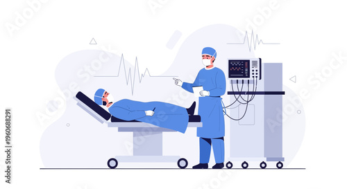 Surgeon Operating Patient on Table with Medical Equipment and Heartbeat Monitor