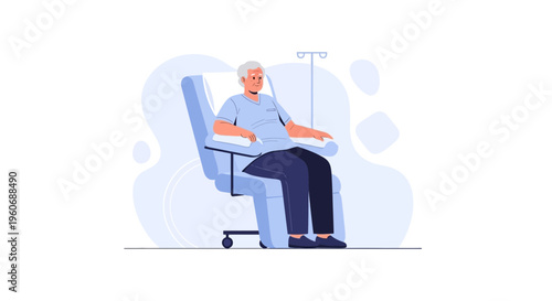 Elderly man receiving chemotherapy treatment in a recliner chair with IV drip