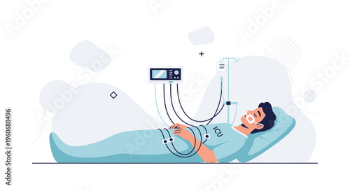 Patient in ICU connected to medical equipment, illustration