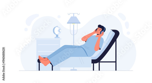 Patient in hospital bed listening to music with headphones, feeling relaxed