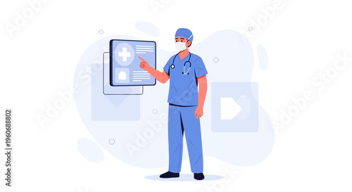 Doctor in blue scrubs pointing at medical screen with cross icon, digital health concept