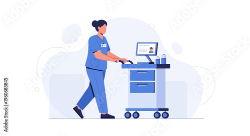 Nurse Pushing Medical Cart with Computer and Supplies in Hospital