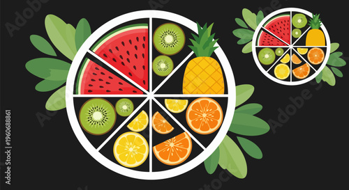 Stylized fruit platter vector illustration, circular tropical fruit slices with watermelon and pineapple, healthy food concept on black background