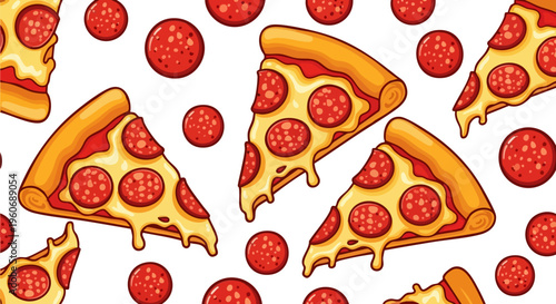Pepperoni pizza slices seamless pattern vector, delicious fast food background with melting cheese, cartoon style italian pizza wallpaper