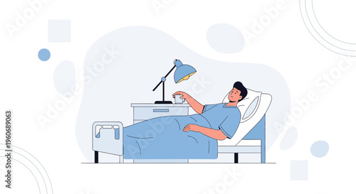 Patient in hospital bed reaching for bedside lamp, illustration