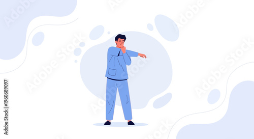 Man in blue pajamas stretching arms for morning exercise, flat illustration style