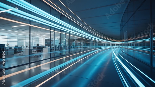 Abstract motion blur of blue and orange light trails streaking through a modern office building interior at night with abstract background