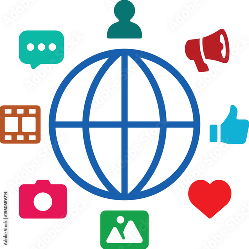 Social media and reaction icon set with emojis,likes,hearts and symbols collection with communication camera and global network elements Perfect for digital marketing, communication.