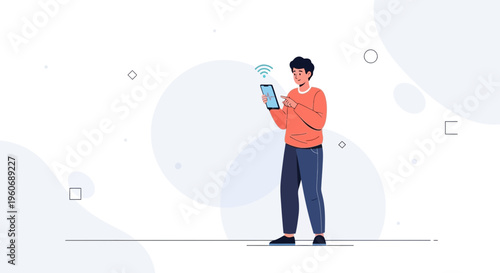 Man using tablet with wifi signal, modern technology concept, flat illustration