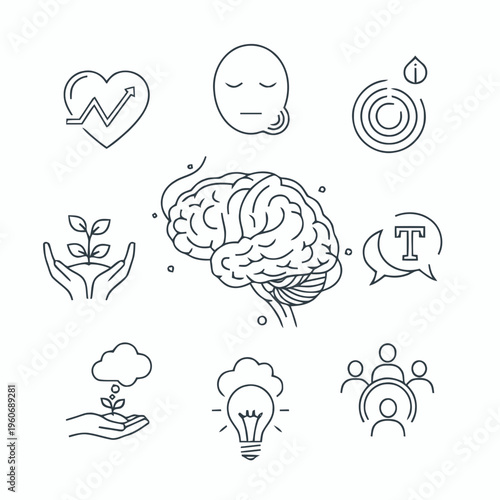 The human brain surrounded by various icons representing emotions, growth, and communication in a symbolic illustration.
