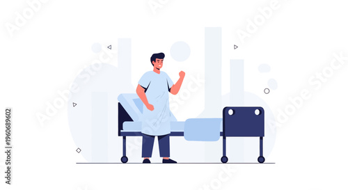 Man in hospital gown celebrating recovery standing by hospital bed