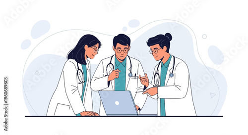 Three doctors in lab coats collaborating around a laptop, discussing medical data