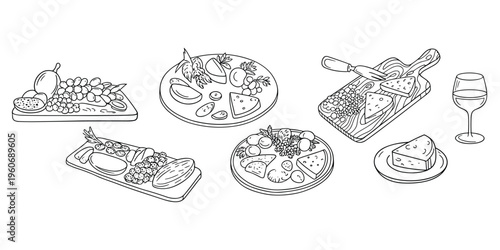 Cheese And Fruit Platter Assortment With Wine Glass And Knife illustration untitled