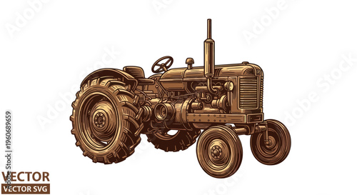 Vintage tractor illustration, retro farm vehicle, agricultural machinery, sepia tones, white background