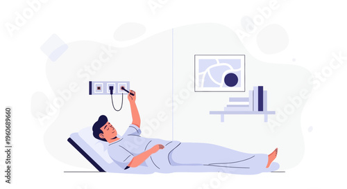 Patient in hospital bed plugs in device to wall socket, medical illustration