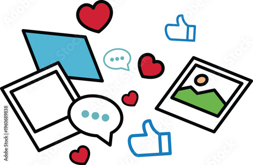 Social media and reaction icon set with emojis,likes,hearts and symbols collection with communication camera and global network elements Perfect for digital marketing, communication.