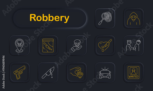 Robbery crime set icon. Dark style icons display fingerprint scan, masked thief, danger marker, evidence bag, skull hand, knife attack, police arrest, gun weapon, blood knife, diamond theft