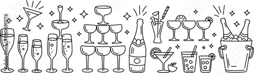 Festive Drinks and Celebration Glasses Line Art Collection Black and White Keywords: champagne, glasses, bottle, bucket, ice