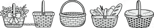 Five Hand Drawn Picnic Baskets With Different Designs And Contents wicker basket woven basket