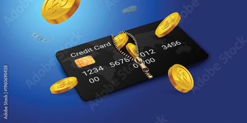 Financial access and wealth management concept with 3D credit card zipper opening with gold coins, online banking account, money savings, investment growth and digital budget illustration.