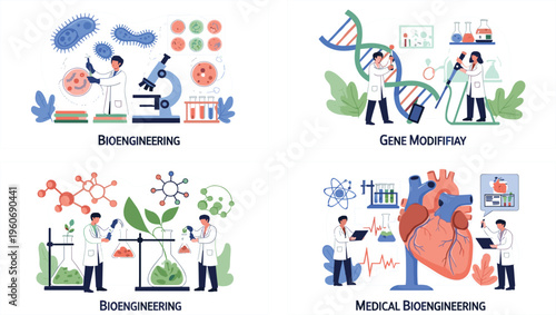 Bioengineering and Genetic Engineering Laboratory Concept Set with Scientists, DNA Research, Medical Biotechnology, Gene Modification and Scientific Innovation Vector Illustration
