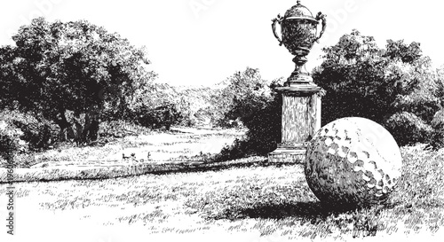 Golf ball, illustration of a trophy on a golf course, vector background.