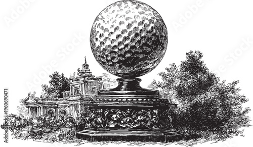 Golf ball, illustration of a trophy on a golf course, vector background.