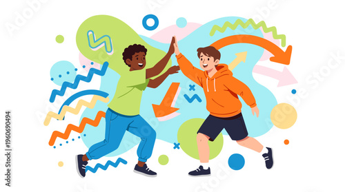 Diverse Brothers Celebrating Success with High Five Gesture and Playful Smiles, Representing Friendship & Collaboration in Vibrant Flat Design Vector Illustration.