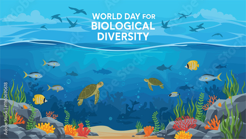 World Day for Biological Diversity Underwater Ocean Scene with Sea Turtles, Coral Reefs, Tropical Fish and Marine Ecosystem Conservation Awareness Illustration
