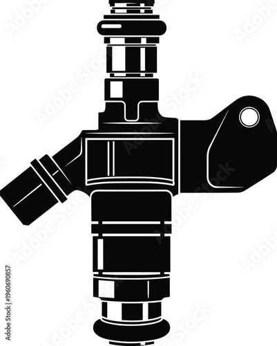 Black and white vector illustration of automotive fuel injector component with nozzle, connector port, and mounting flange, symbolizing mechanical engineering, precision fuel delivery, and engine 