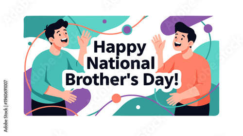 Two Brothers Waving Celebrating Brother's Day. Brotherhood Family Holiday. Flat Vector Illustration Vibrant. White Background Copyspace.