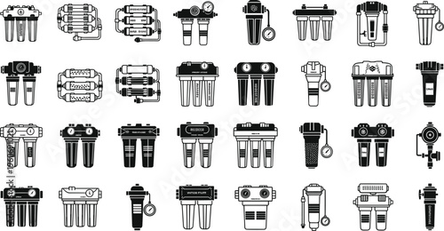 Black and white vector illustration set of twenty‑five water filtration systems and components including reverse osmosis, carbon filters, cartridges, housings, gauges, and tubing designs