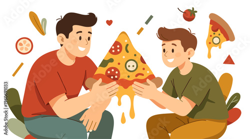 Happy Brothers sharing pizza slice, embodying brotherhood, friendship, food concept, flat vector art, warm palette, isolated graphic.