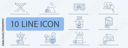 Camping travel set icon. Folding chair tent moon camper van map search gas cylinder signboard caravan stove trailer outdoor adventure equipment journey.