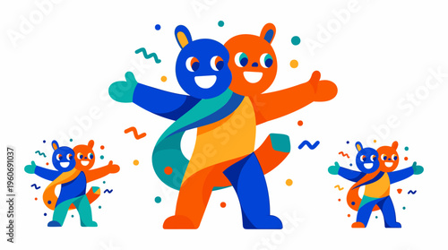 Brothers Mascot Characters Smiling Thumbs Up for Unity Partnership, Flat Vector Vibrant Colors, Isolated Graphic Illustration